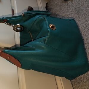Isaac Mizrahi Turquoise and Tan Shoulder Bag